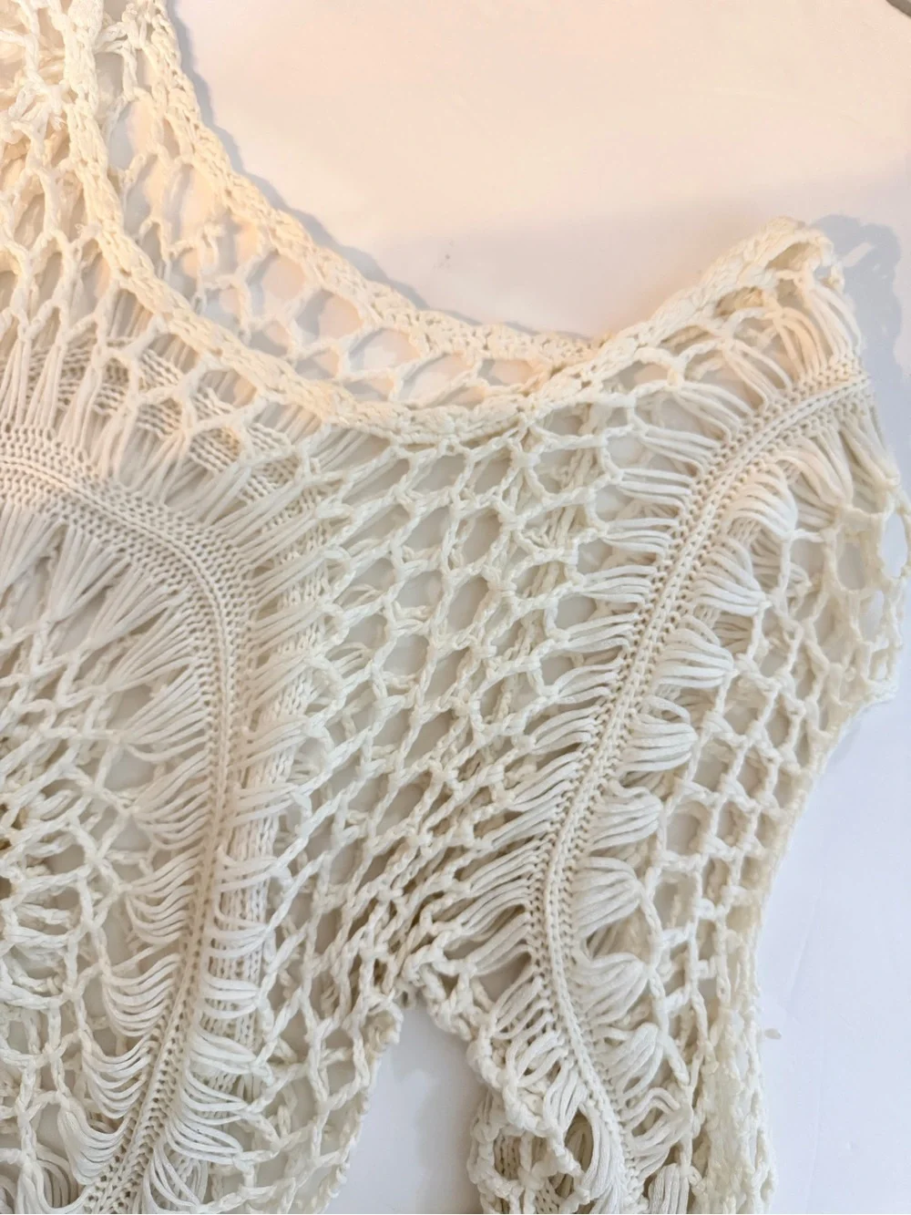 Crochet Fringe Tunic Cover Up Cream One Size Festival Cottagecore Beach Vacation